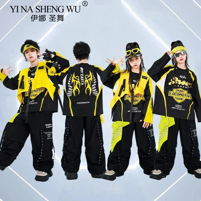 Hip hop meninos moda colete legal moletom calças de carga meninas k-pop conjuntos de roupas de dança de rua crianças trajes jazz criança streetwear