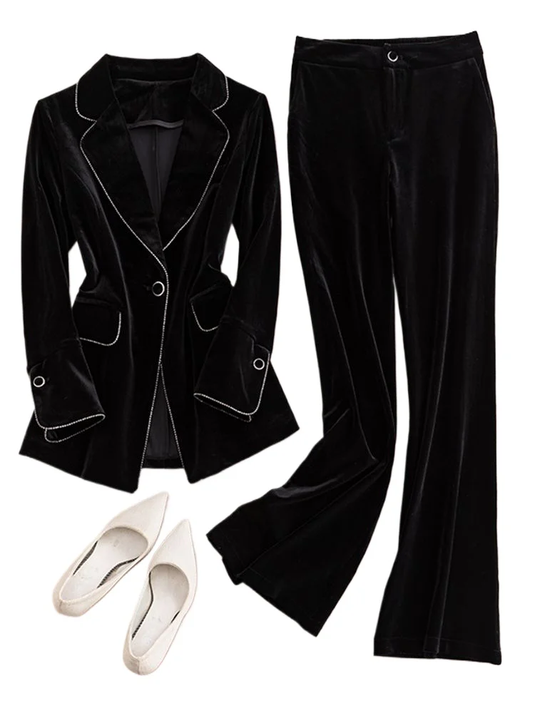 High End Velvet Blazer and Pants Suit Womens 2025 Autumn Chinese Style Retro Large Size Coat Elegant Slim Fit Trousers Set