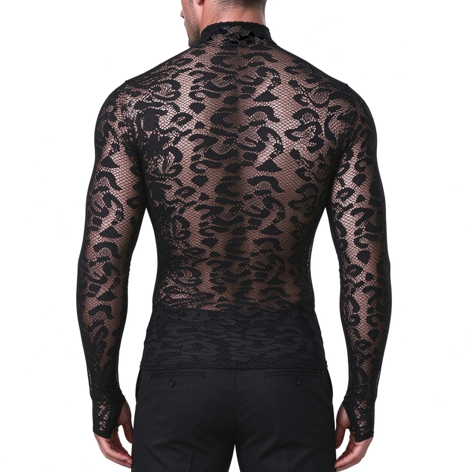 Sexy durchsichtiges Leoparden-T-Shirt, Netzstoff, langärmelig, Spitzen-Unterhemd, Herbst, Stehkragen-T-Shirt, transparente Oberteile mit Fingerbündchen – Detail 8