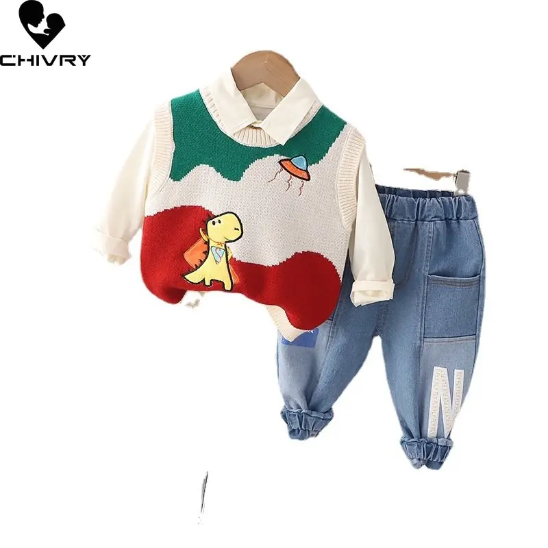 ثلاث قطع الفتيان الملابس مجموعات جديد 2023 الاطفال الطفل الربيع الكرتون ديناصور متماسكة سترة الصلبة القمصان مع الدنيم السراويل ملابس غير رسمية