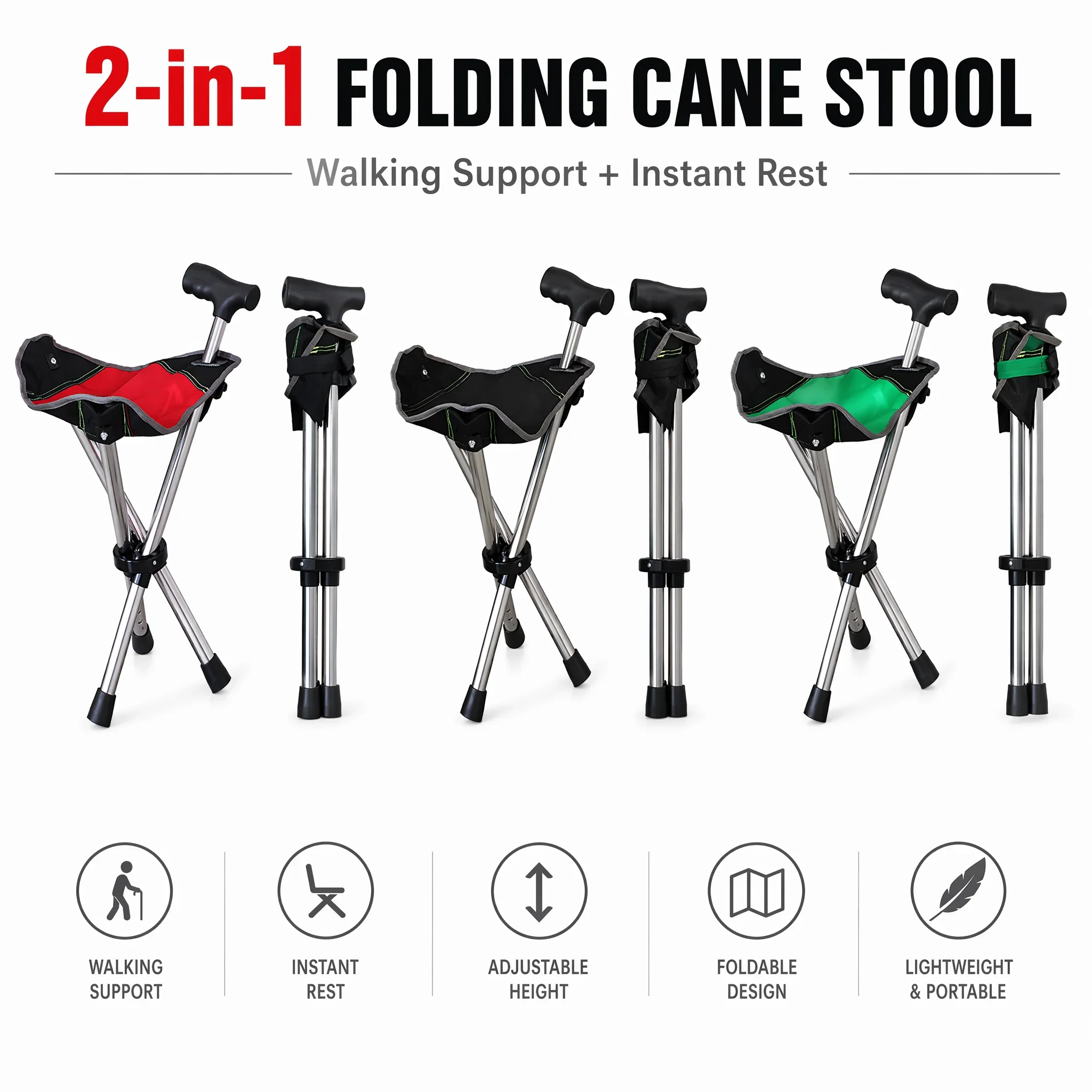 2 In 1 Folding Cane Stool Portable Walking Cane With Seat Adjustable Height Foldable Chair Elderly Hiking Fishing Outdoor Travel