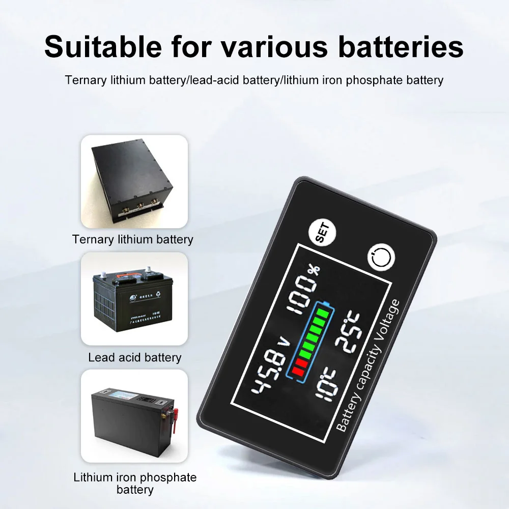 DC 10V-100V Digital Battery Voltmeter Volt Temp Battery Monitor Lead-acid Lithium Battery Capacity Indicator 12V 24V 48V 72V 84V