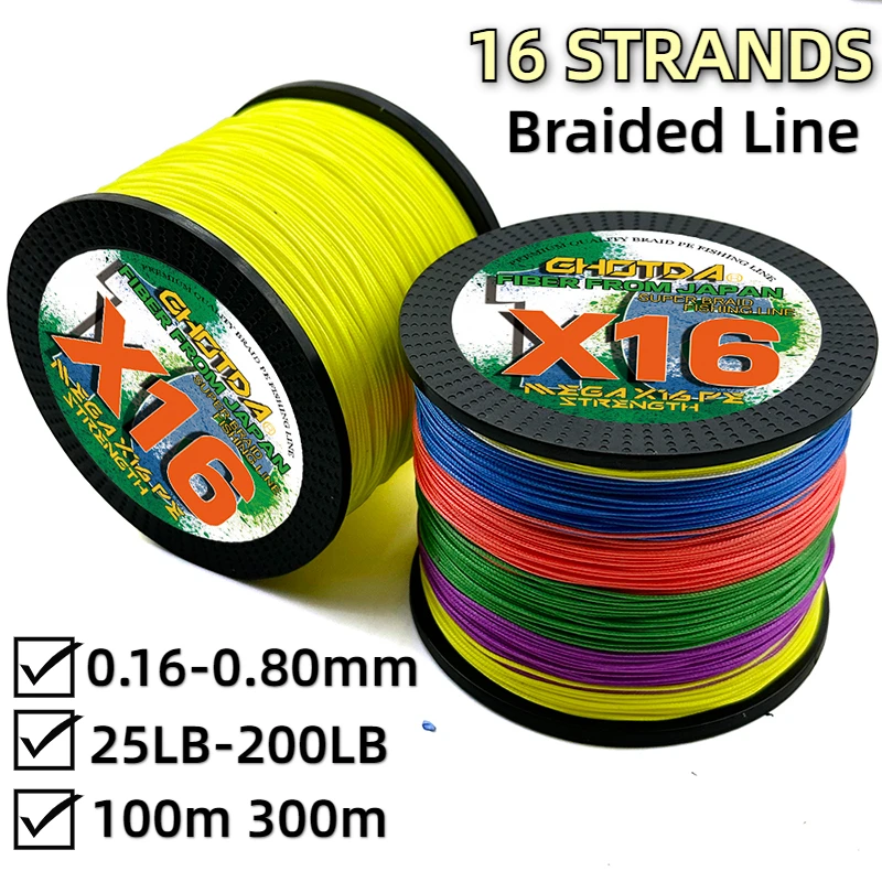 Extreme Braided PE Fishing Line 100M-300M X16 Saltwater Jigging Cord 25-200LB Multifilament Main Wire for Carp Bass FishingTool