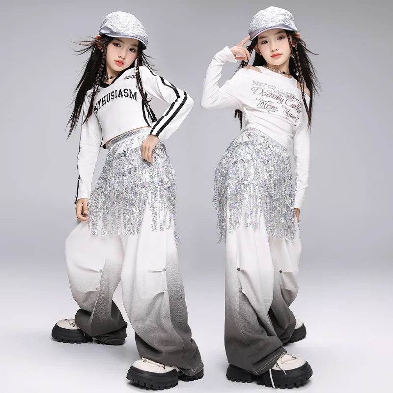 女の子 K-ポップクロップトップスパンコールジョガーパンツガールグループ服セット子供ジャズストリートダンス衣装子供ヒップホップストリート