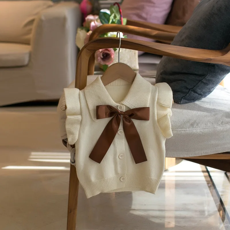 

Baby Girls Sweater Vest Sweet Style Korean Children's Clothing Girls' Lapel Cardigan Bow Vest