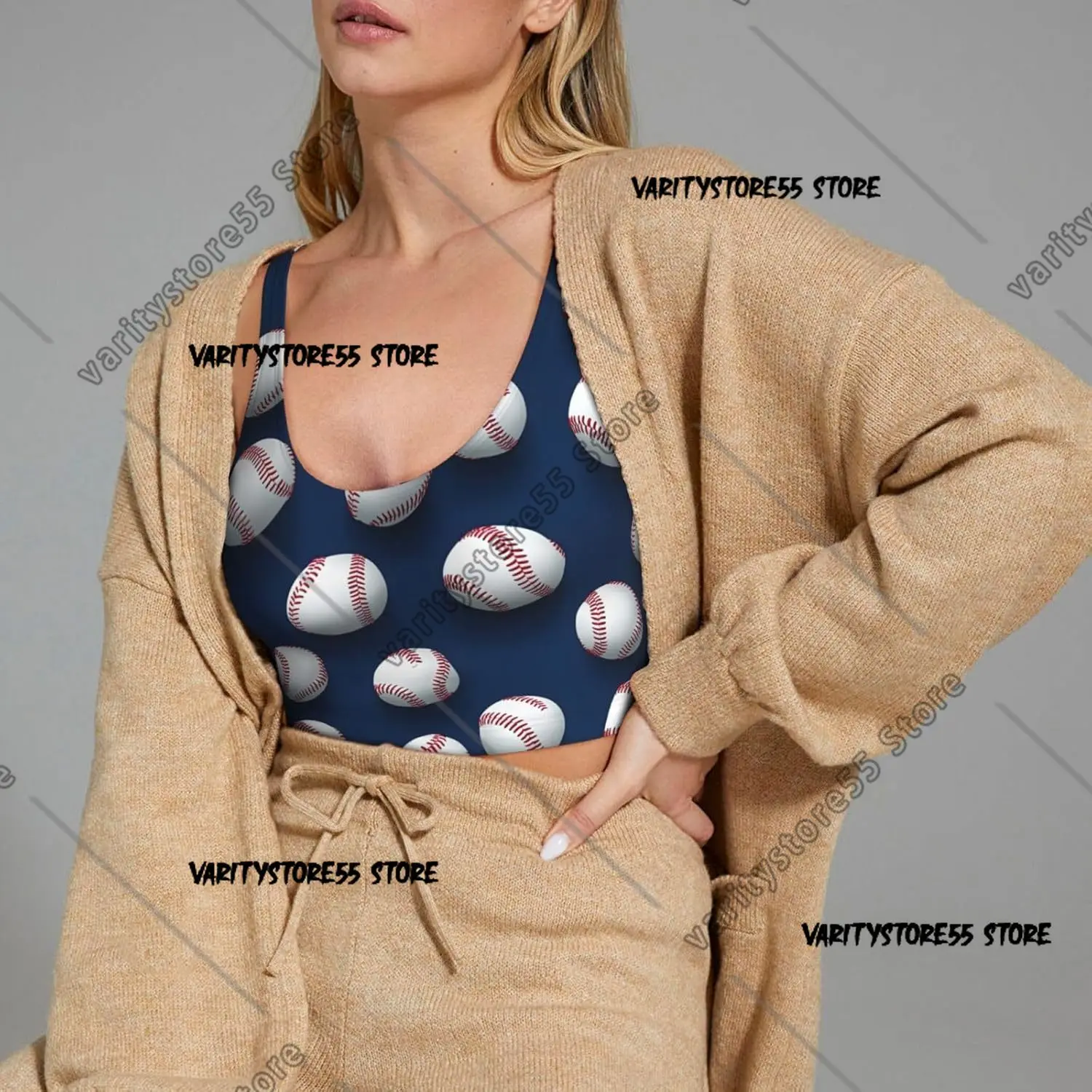 Sports Bras for Women High Support  Modern Baseball White Print Running Athletic Workout Crop Tank Top