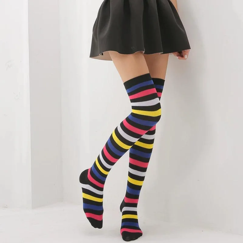 Kawaii Lolita Cotton Over Knee Sock Rainbow Stripes Thigh High Socks Women Long Stockings Cross-dressing Cosplay Warmers Sock