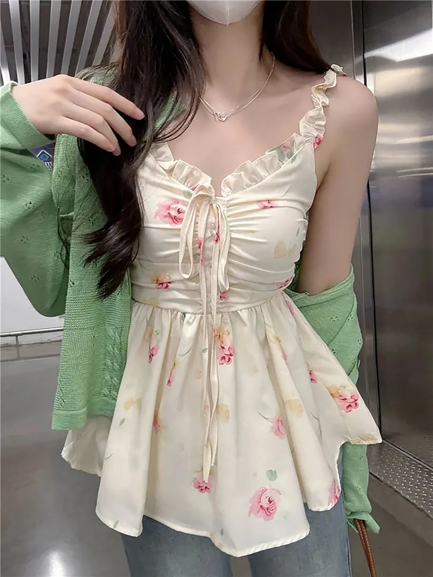 

Summer New Green Knitted Open Cardigan Floral Print Sweet Style Women's Two-Piece Set with Lace Crop Top Casual Date Wear