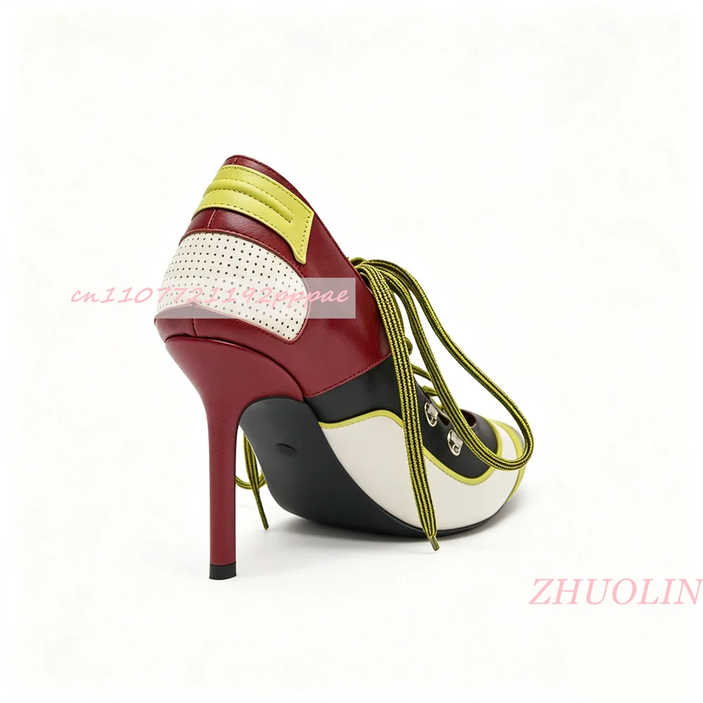 Women Lace Up Pumps Pointed Toe Stiletto Heel Shoes Color Block Red Black White Fashion Statement Party Evening Vintage Footwear