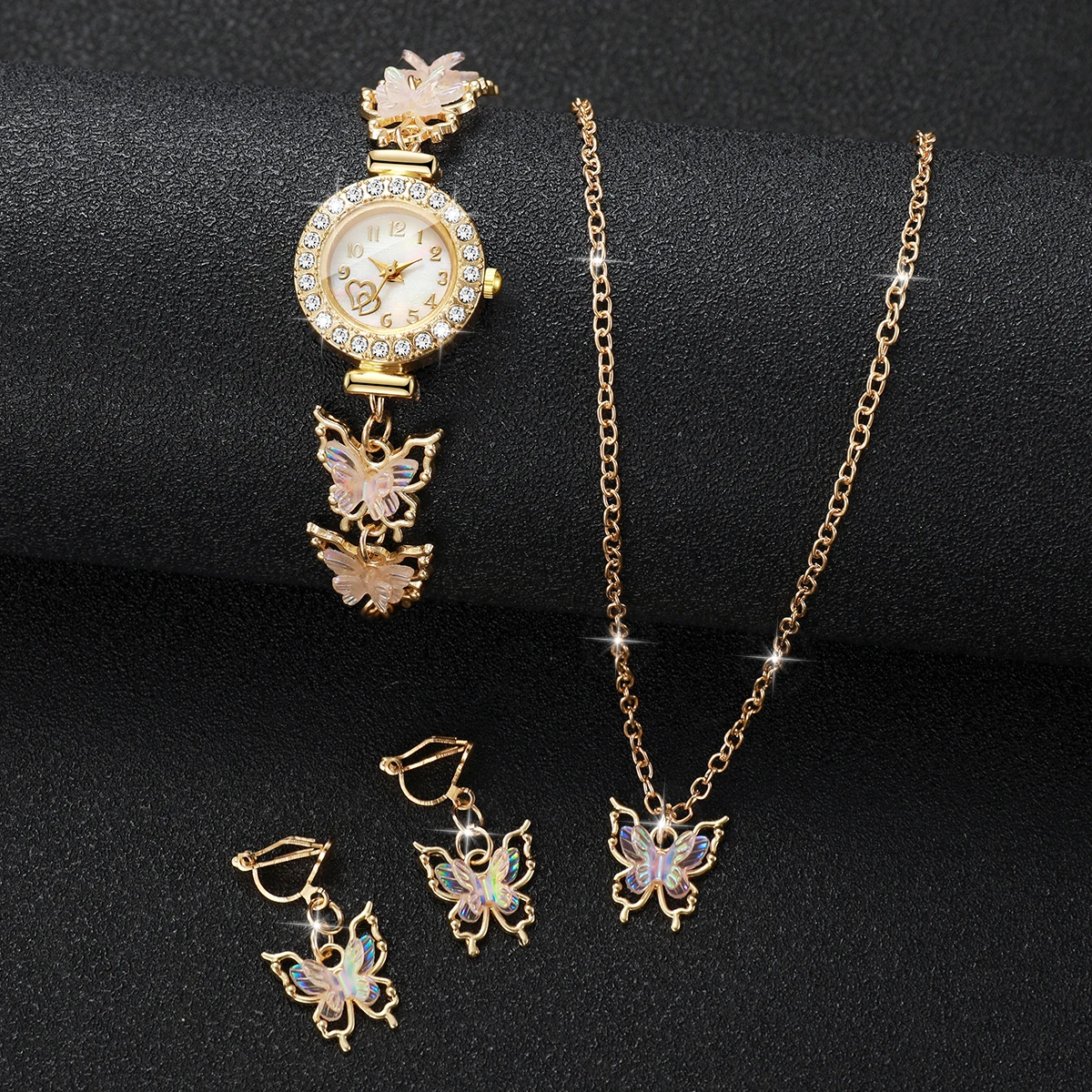 4PCS/Set Fashion Butterfly Dial Women Watch Elegant Bracelet Strap Quartz Wristwatch Jewelry Set Relógio Feminino（Without Box）