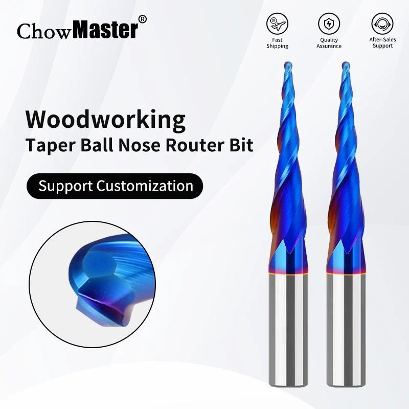 

Chowmaster 1/4 Shank Solid Carbide 2 Flutes Nano Blue Coated Taper Ball End Mill Router Bit Woodworking CNC Milling Cutter