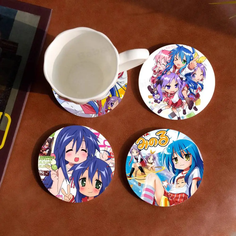 Anime Lucky Star Wood Coasters Colorful Round Coaster Non-slip Heat Insulation Coffee Mats Home Accessories Kitchen