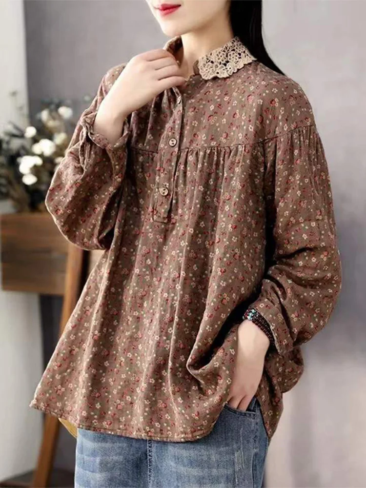 

Высококачественный брендовый женский кружевной воротник с цветочным принтом, длинный све, хлопок и лен, повседневный свободный крой на пуговицах