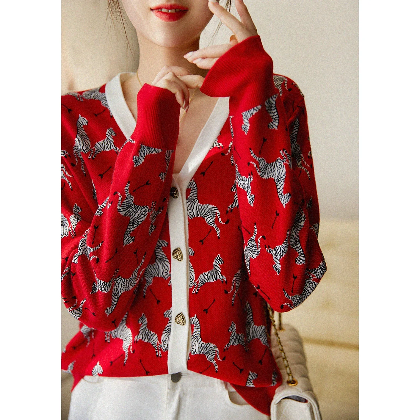 Printed Red Cardigans Women Spring Knitted Coats Women Autumn Printed Res Sweaters Femme Cardigans