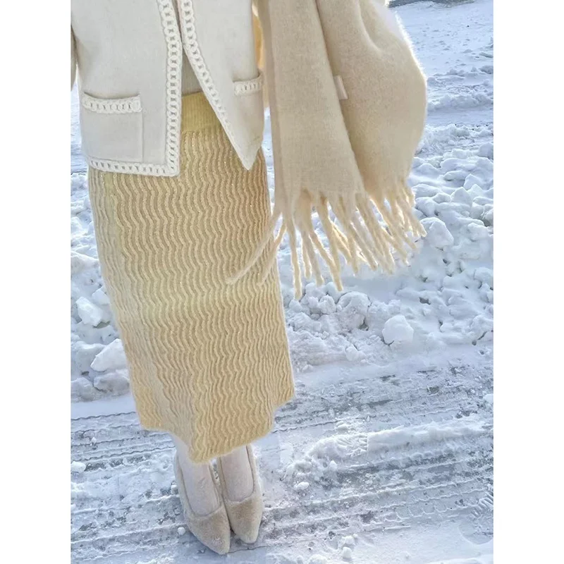 

Lea Song wen Ge Yellow Gesang Flower Dry Ele iny Knitted Elastic f Skirt French Sle Bordered mid Waist Wool B...