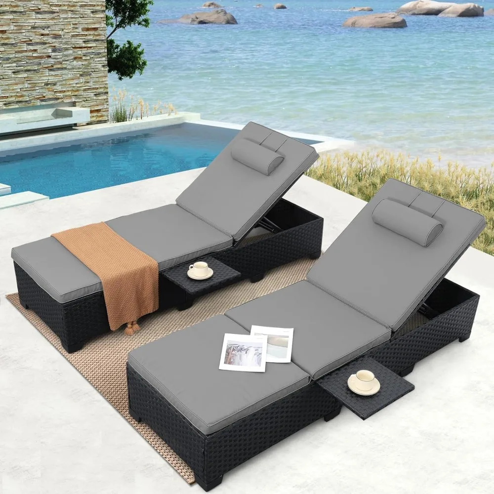 Sedie a sdraio da esterno per mobili da giardino esterno Set di 2 sedie reclinabili in vimini per piscina reclinabili in rattan nero