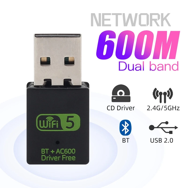 600Mbps USB Wifi Adapter Driver Free Bluetooth 5.0 Dual Band Network Card Dongle For Windows XP/7/8/8.1/10