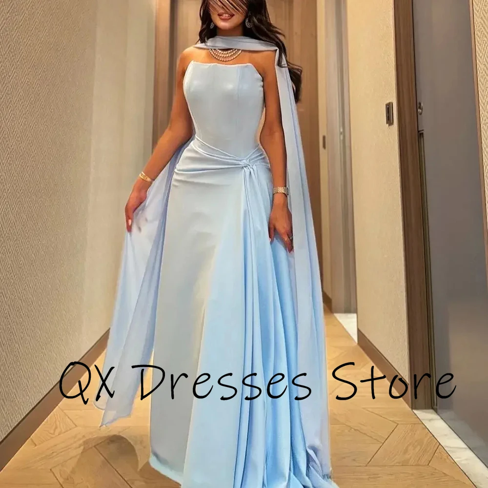 Customized Yipeisha Elegant Jersey Strapless Evening Dresses Sky Blue With Women Cape Watteau Train A-line Floor Length Party Pr