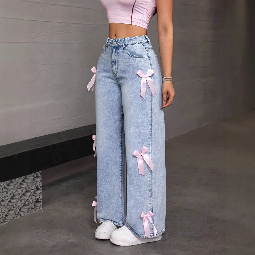 New Women's Pink Bow Embellished Wide Leg Jeans High Waist Light Wash Denim