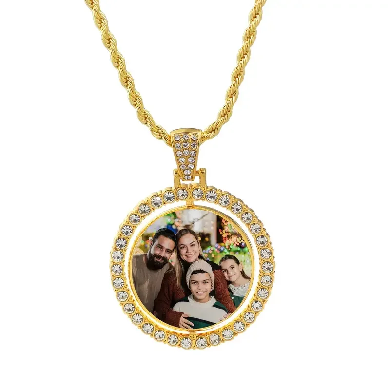2025 Hip Hop Rotation Double Sided Round Photo Custom Pendant Heat Transfer Micro Frame Photo Frame Jewelry Necklace Gifts