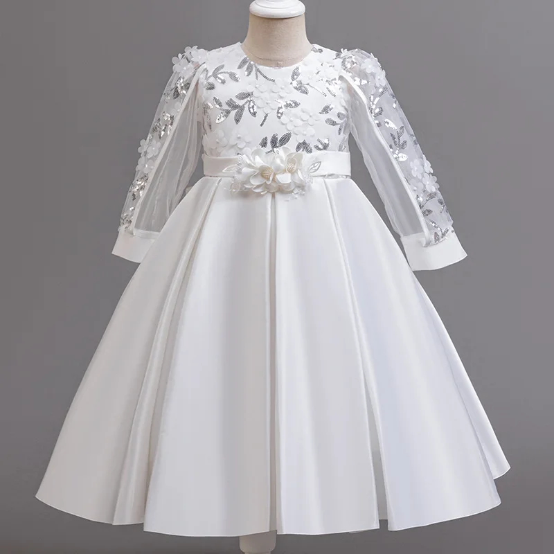 Elegant Girl Party Dress Long Sleeve Child Girls' Formal Concert Dresses Pearls 4-12Y