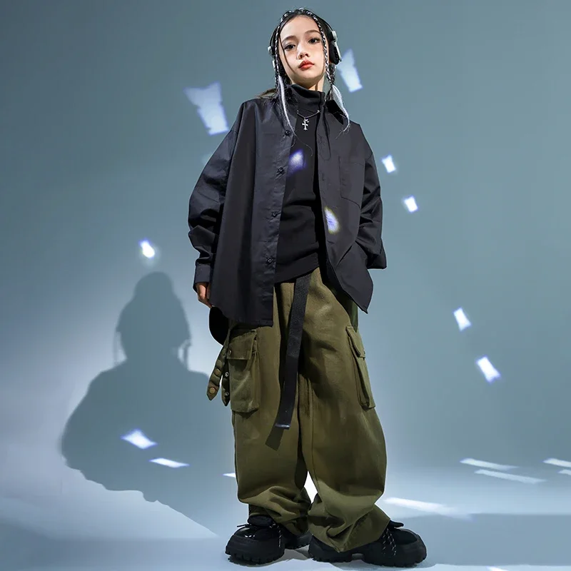 Kinder Hip Hop Kleidung Schwarze Jacke Mantel Casual Street Strap Cargo Hosen für Mädchen Junge Jazz Dance Kostüm Teenager Kpop Kleidung