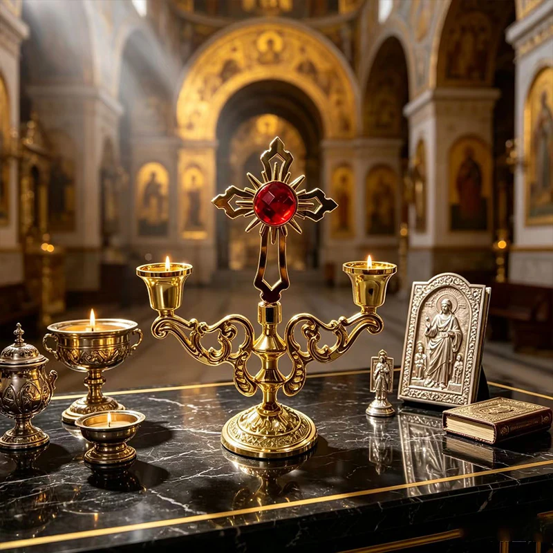 Luxuriöser, vergoldeter orthodoxer Dreiflammiger Kreuzleuchter mit großem farbigem Kristall-Edelstein, floral geschnitztem, hohlem Sockel für den Kathedralenaltar. – Detail 2