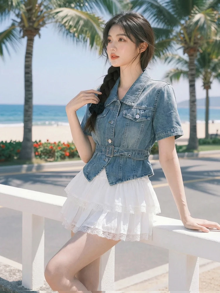 

Summer 2026 Women's Faion Denim Crop Top And High Waist Me Skirt Two Piece Set Waist Cinching ort Sve Ne