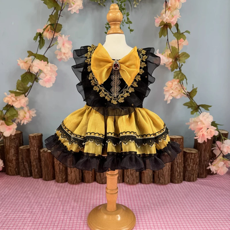 

New Trendy Pumpkin Yellow Princess Dress For Small Medium Dog Handmade Cotton Crystal Lace Bow Puppy Skirts Pet Clothes Poodle