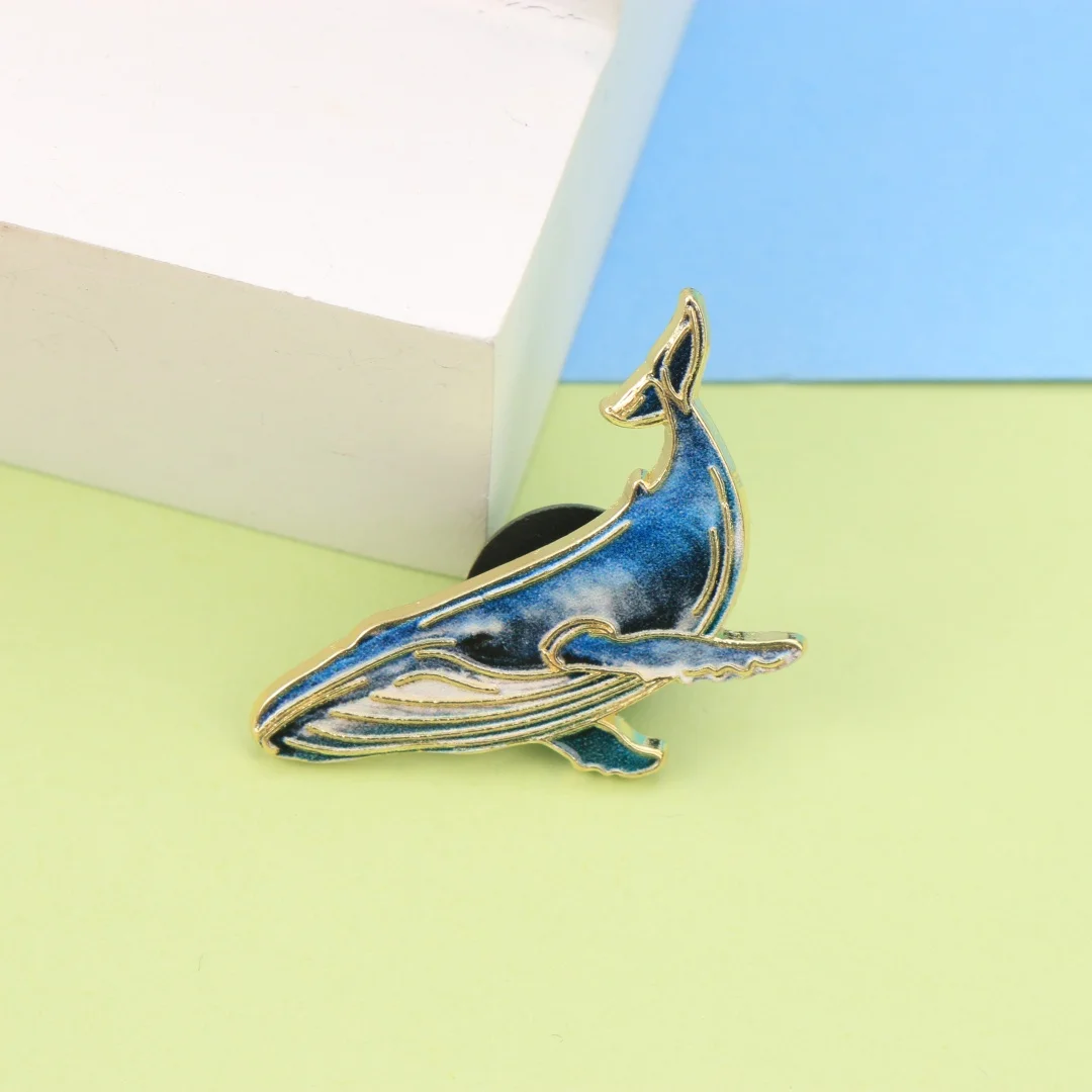 Gradient Blue Whale Enamel Pin, Ocean Animal Gold Trim Brooch, Marine Creature Metal Badge for Jackets, Backpacks & Hats
