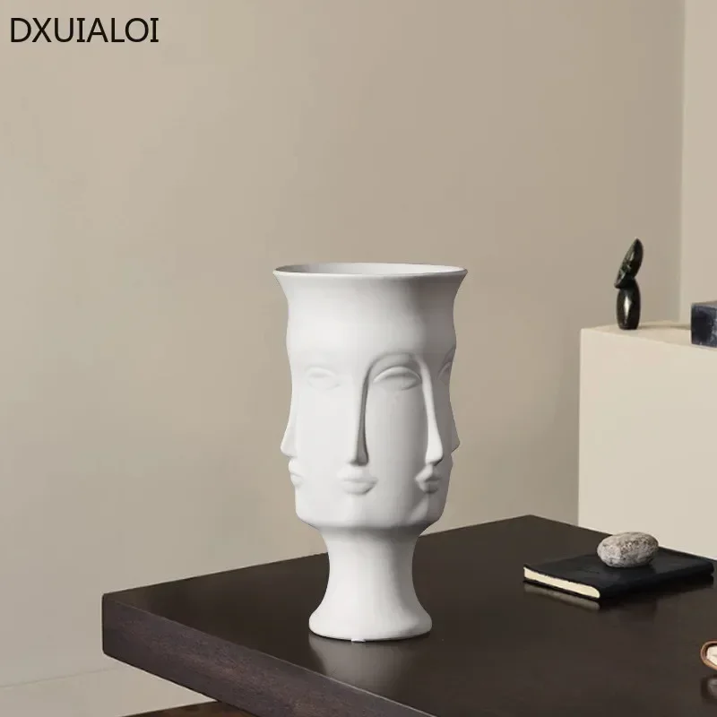 DXUIALOI Creative Human Face Art Vase Decoration Ceramic Crafts White Color Glaze Home Living Room Flower Arrangement Vase Decor