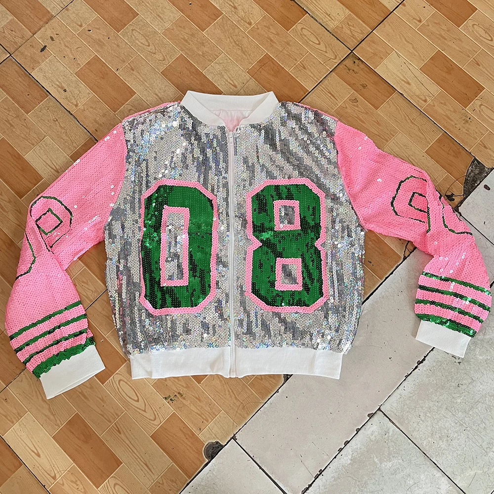 

Long O-neck pink green 08 social event sequin flash club jacket