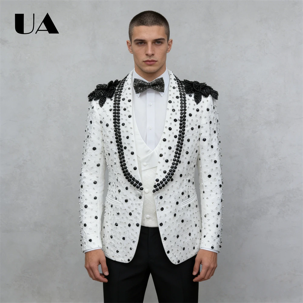 

Men's 3-Piece Suit Set for Formal Evening, (Jacket Vest Pants) Wedding Groom Tuxedo XS-3XL Beads Suit Attire for Evening Prom