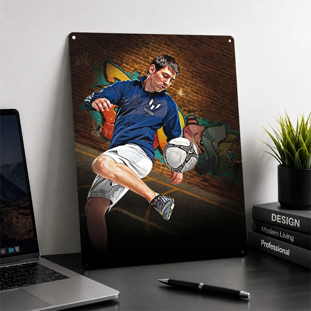 Lionel Messi Street Soccer Poster Retro 3D Printed Metal Signs Customized Wall Hanging Gift for Bedroom Stuff Room Ornaments