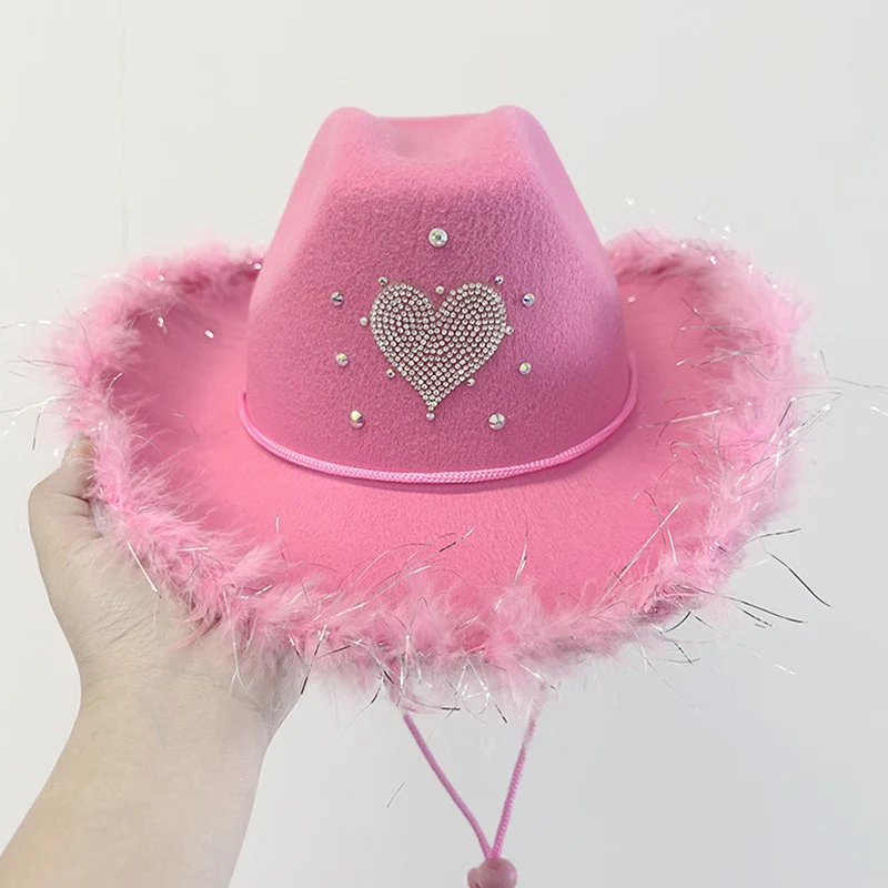 Lamuusaa Cowgirl Hats Women Western Style Fashion Party Warped Wide Brim with Rhinestone Heart Cowgirl Hat