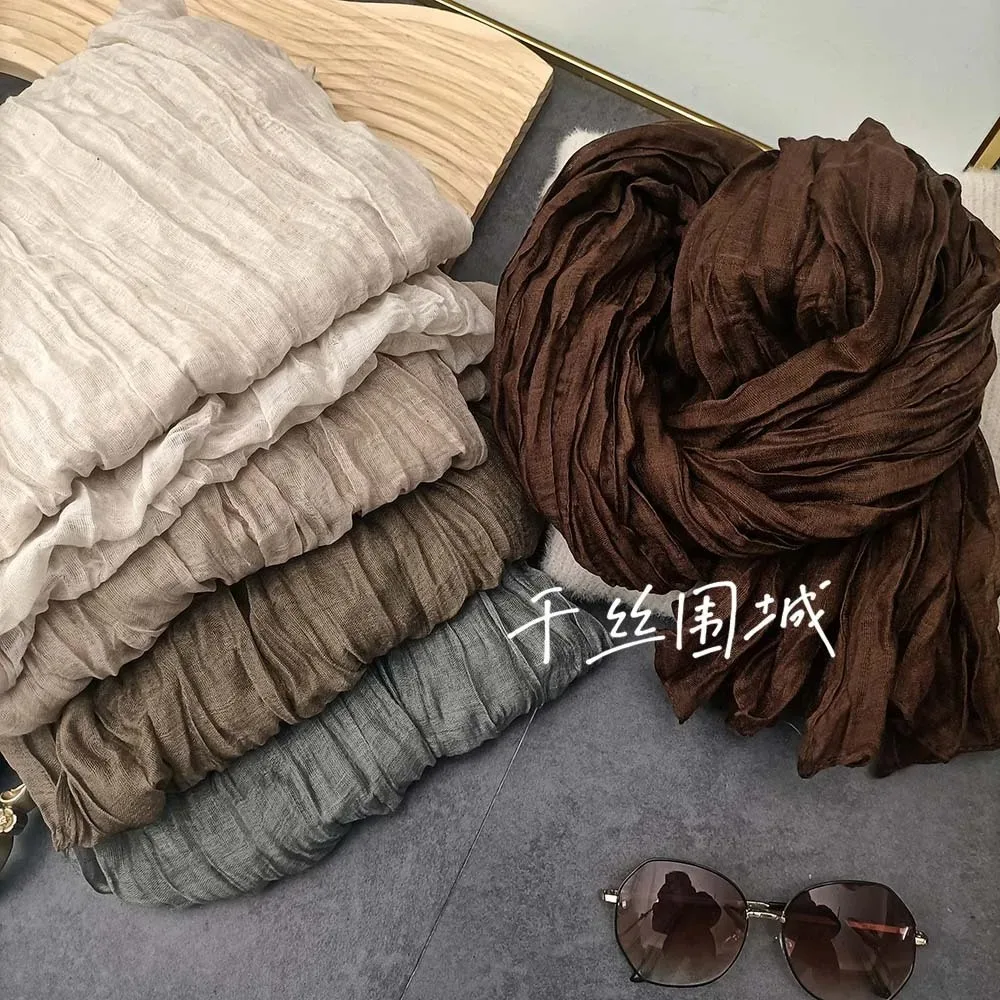 Solid Color Cotton Linen Scarf Retro Autumn Winter New Warm Silk Pleated Green Retro Thin Long Strip Shawl Men and Women\'s