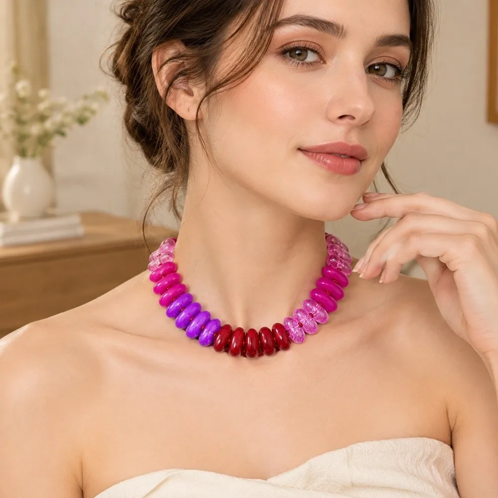 Elegant Contrast Color Chunky Beads Necklace Handmade Adjustable Acrylic Beaded Necklace Statement Choker Necklace For Women