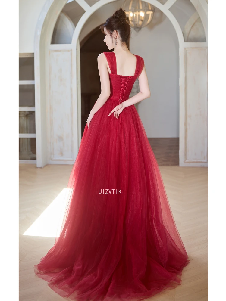 Elegant Red A Line Prom Wedding Dress Korea Photo Shoot Square Collar Floor Length Evening Party Gown Corset Back Customized