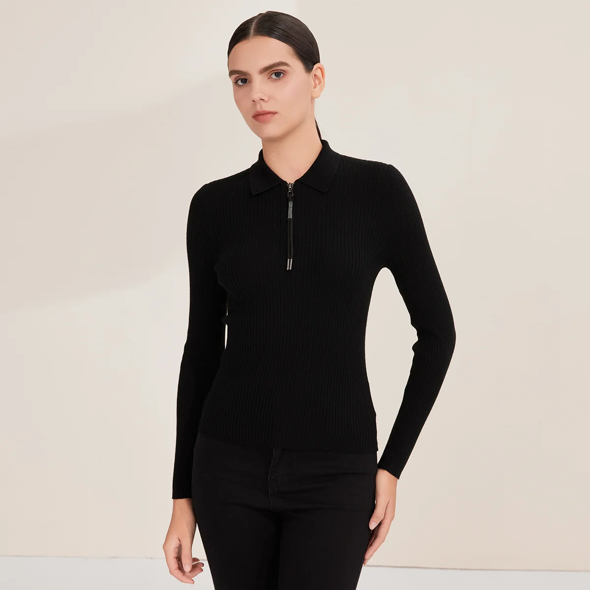 BY4521226 Women's 100% Wool Ribbed Knit Quarter-Zip Polo Pullover Sweater Long Sleeve Fall Fashion