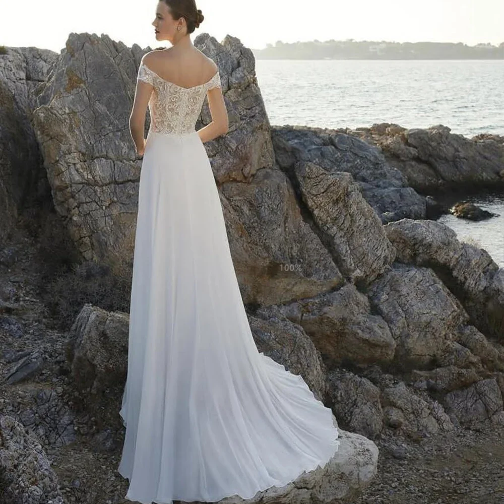 Flavinke-vestido de novia de gasa para mujer, prenda sencilla de playa con apliques, hombros descubiertos, abertura lateral, longitud hasta el suelo