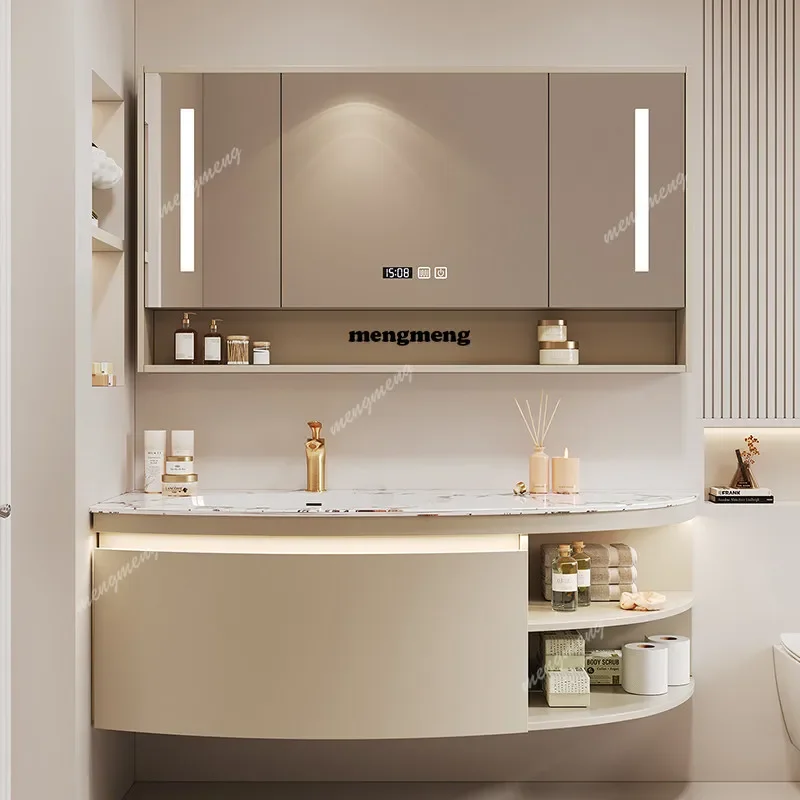 New design Designer Sailing Oak Bathroom Cabinet Slate Seamless Wash Desk Wash Sink Washbasin Cabinet Smart Mirror Cabinet Custo