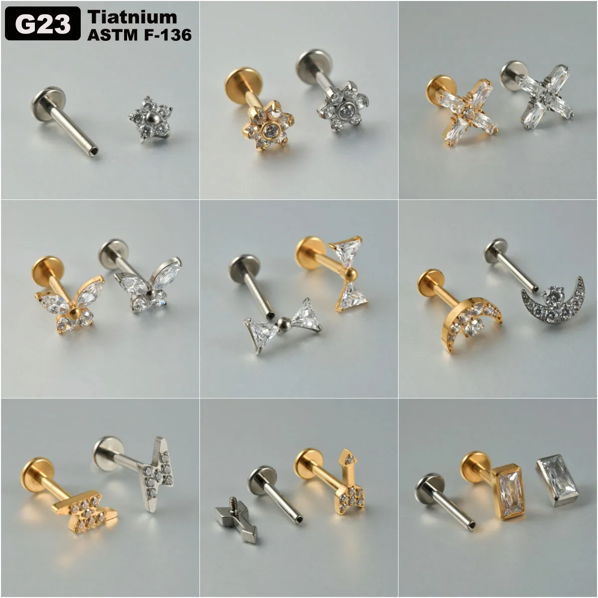 1PC G23 Solid Titanium Zircon Moon Flower Rook Helix Stud Tragus Cartilage Earring Lobe Labret Piercing Body Jewelry 16G