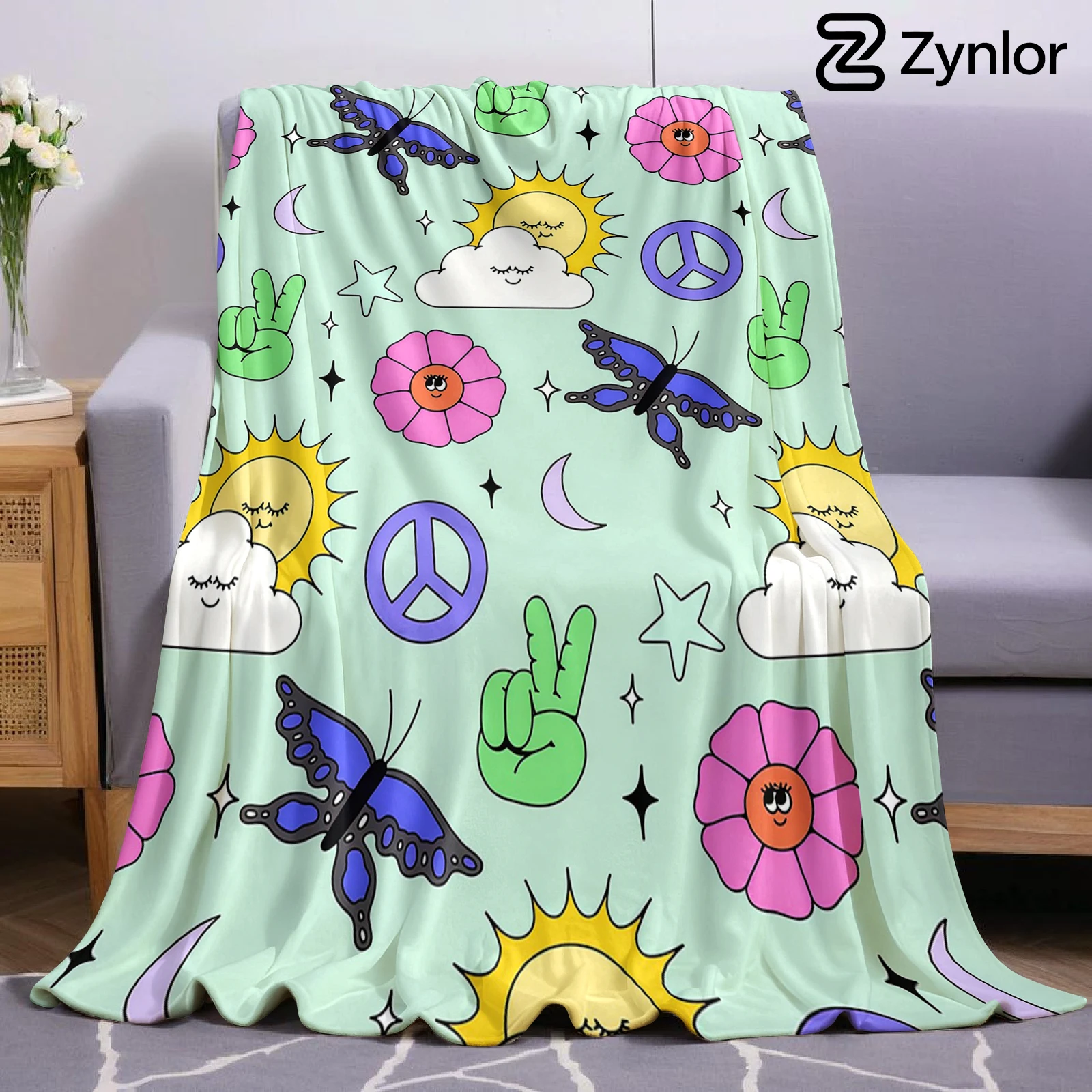 Hippie Print Cartoon Anime Print Flannel Blanket Soft Warm Throw for Kids Bedroom Sofa Bed Christmas Office Car