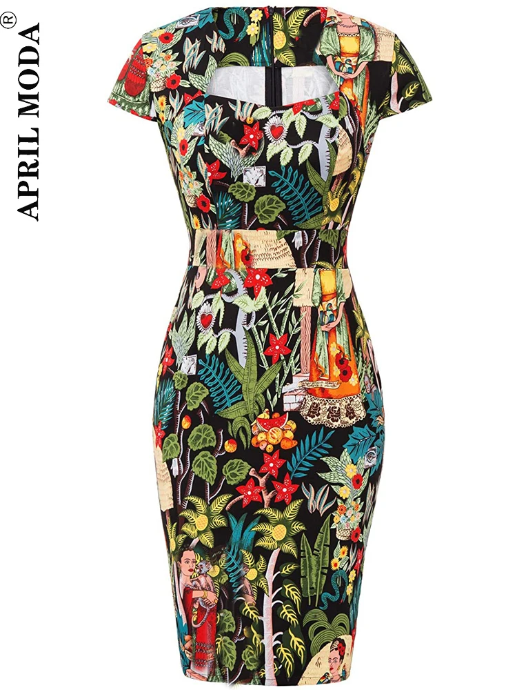 Ladies Retro Vintage 50s Party Sheath Bodycon Dress Floral Print Work Wear Office Women Knee Length Hips Wrapped Pencil Dresses