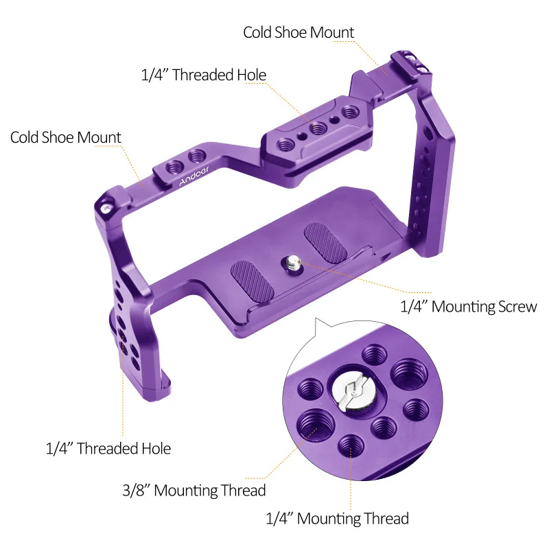 Andoer Camera Cage Aluminum Alloy Cage Cold Shoe Mounts 1/4 Inch Threads for Sony A7IV/ A7III/ A7II/ A7R III/ A7R II/ A7S II