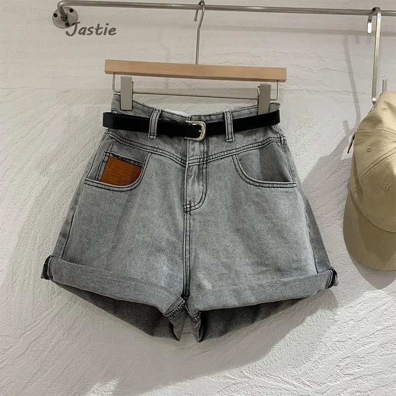 

Light Gray Denim Shorts For Women Summer New Cotton Blend Casual Loose High Waisted A-line Jeans Trouser 2024 New