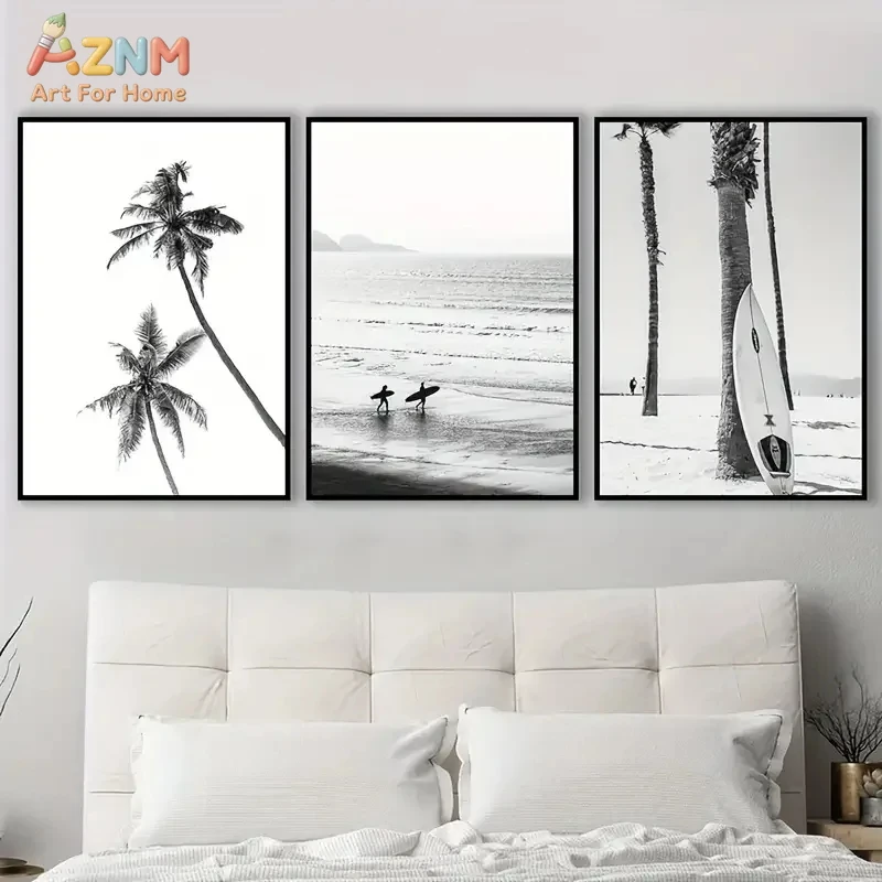 3PCS Black and White Coastal Beach Canvas Wall Art Set Palm Tree Surfer Prints Posters Minimalist Monochrome Ocean Themed Unfram