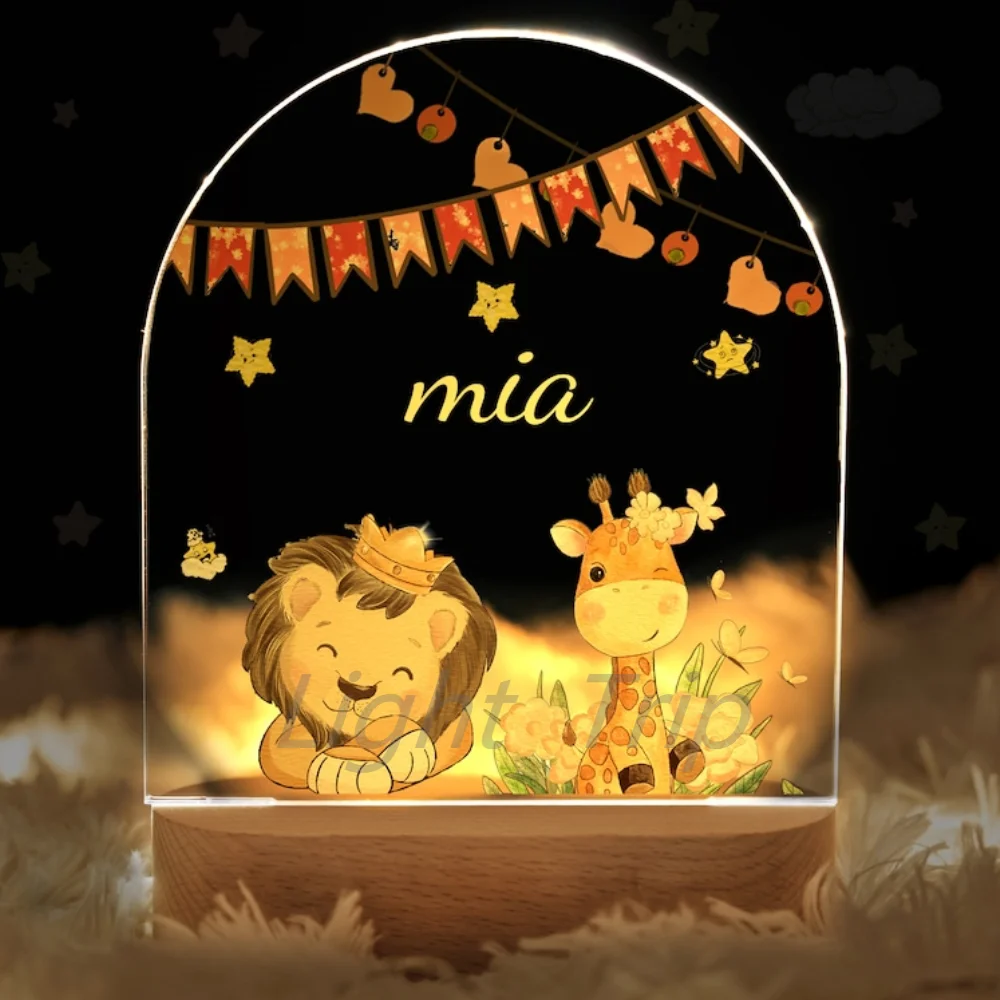 Personalized Baby Night Light USB Wood Base Lamp Custom First Name 3D Lamp For Baby Kids Bedroom Table Animal Night Lamp Gift