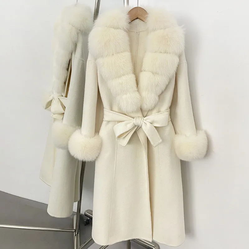 2026 High-quality Wool Coat Women's Long Cashmere Overcoat Autumn Winter Real Fox Fur Collar Loose Outerwear Streetwear Coats