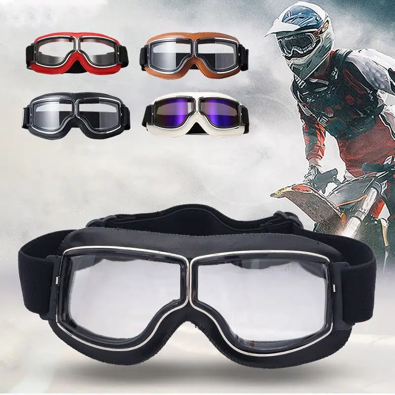 Motocicleta vintage capacete óculos, óculos dobráveis, scooter ATV e esqui óculos, óculos, lente de couro 4 cores, 3